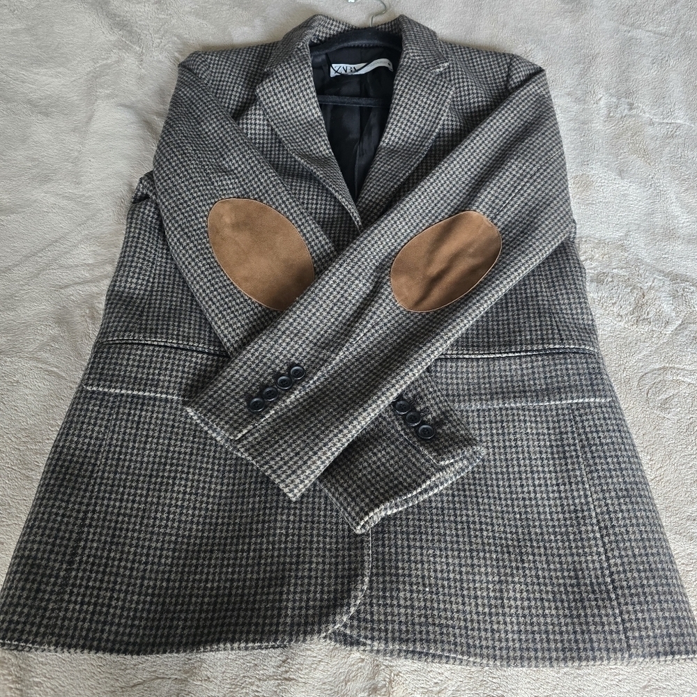 Zara Wool Blend Blazer Sz M Brown Houndstooth Plaid Tailored Career Old Money - Picture 13 of 16